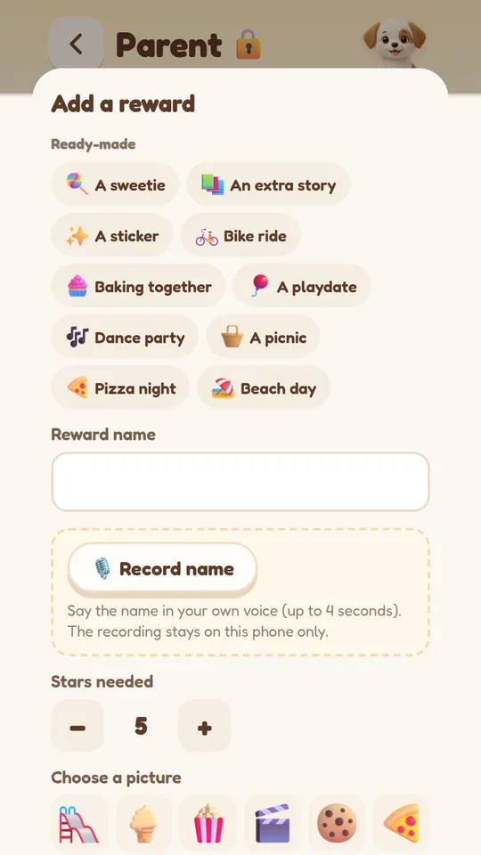 Parent area: add a reward